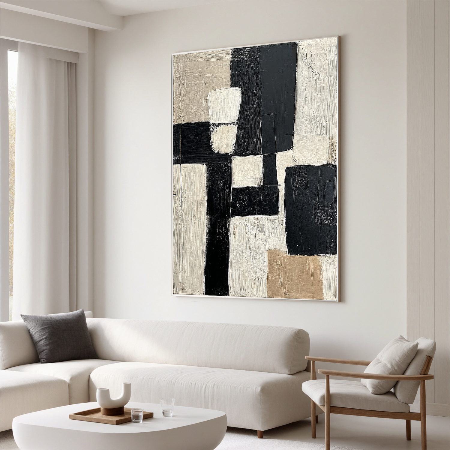 Black and White Abstract Oil Painting, Minimalist Geometric Wall Art for Living Room Decor#OA 0553