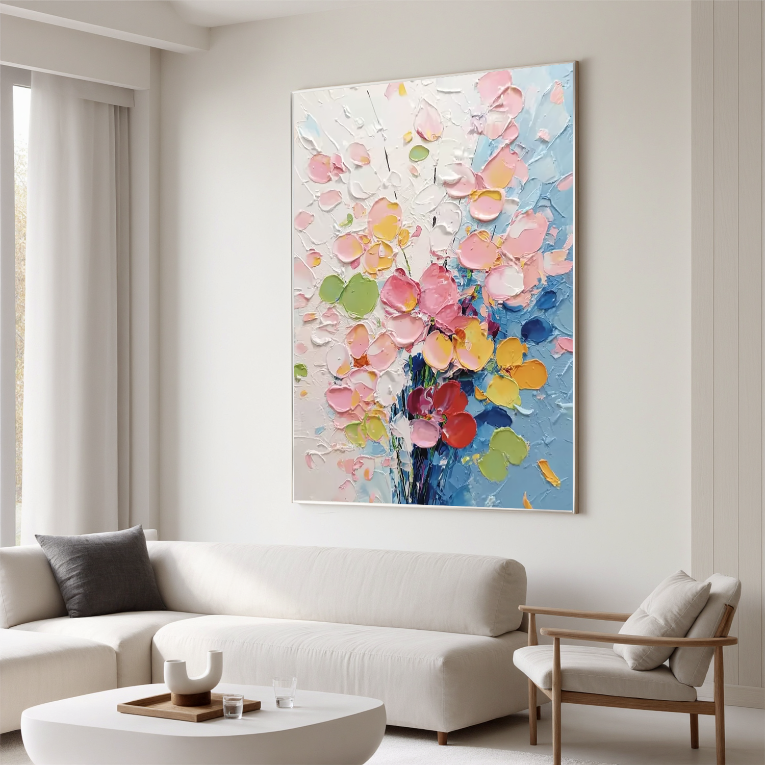 extured Floral Oil Painting, Pastel Flower Wall Art for Living Room Decor #OA 0532