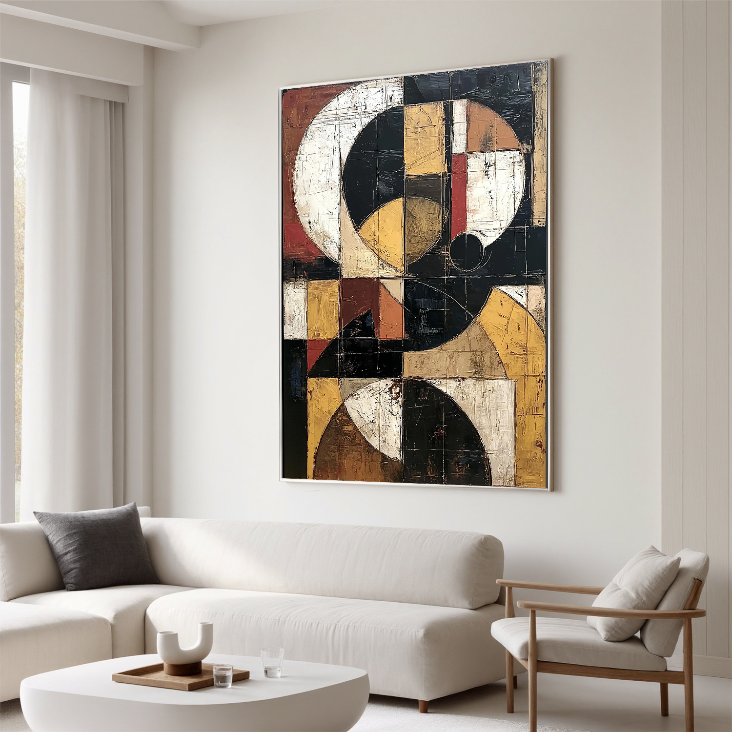 Geometric Abstract Oil Painting, Modern Vintage Wall Art for Living Room Decor#OA 0572