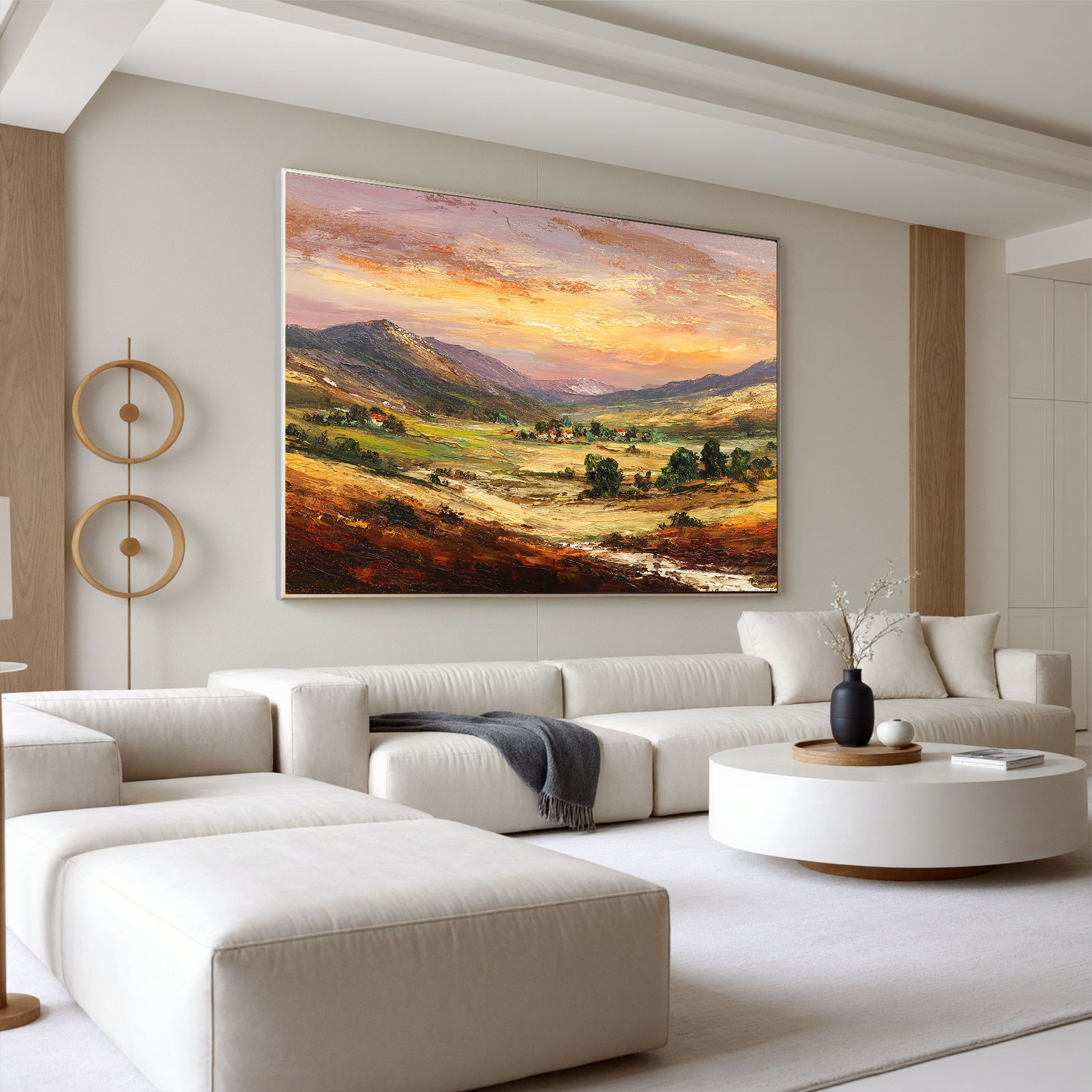 Large Sunset Mountain Landscape Canvas Wall Art – Warm Valley Oil Painting for Living Room Decor#OA 0885