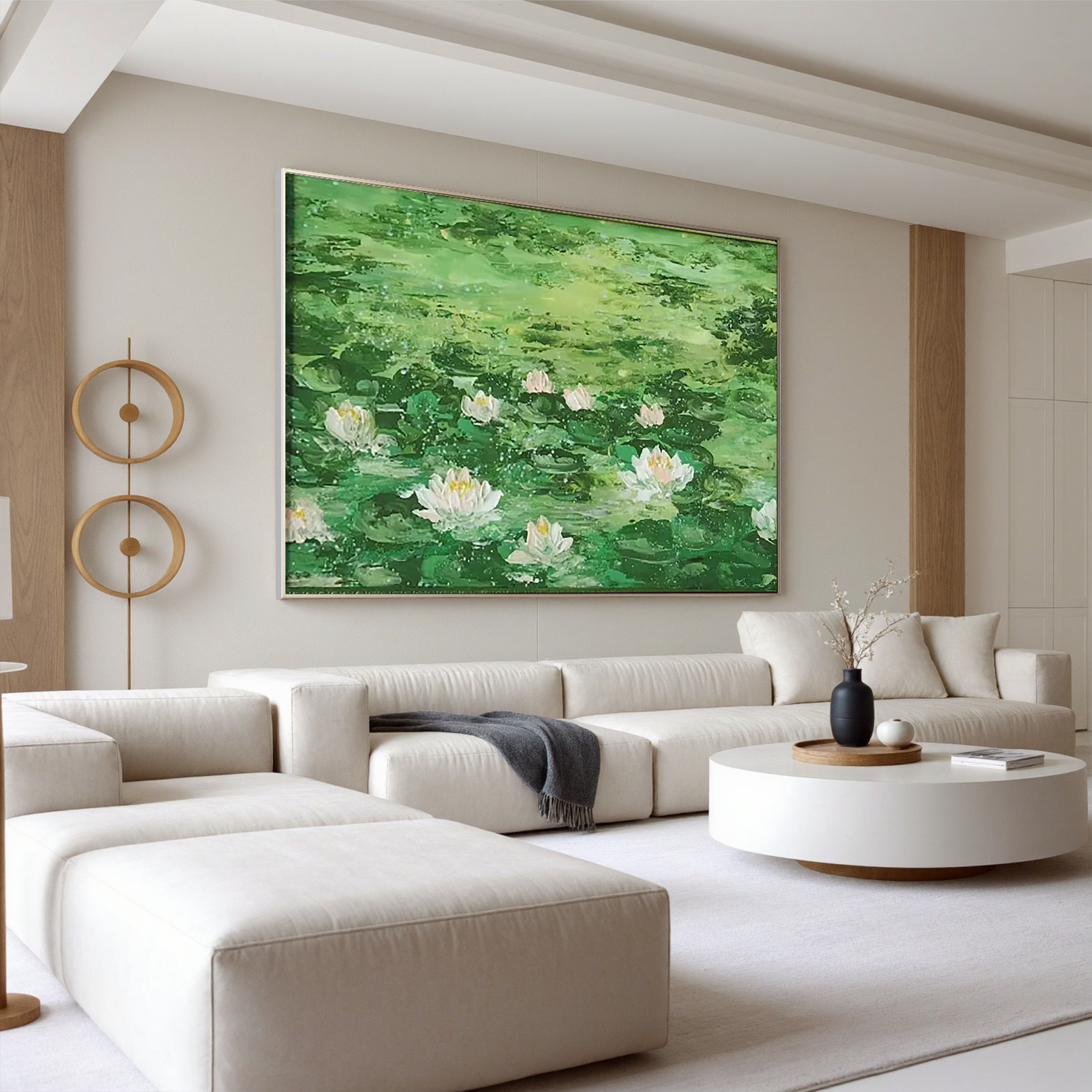 Green Lotus Pond Oil Painting, White Water Lily Wall Art for Living Room Decor#OA 0605
