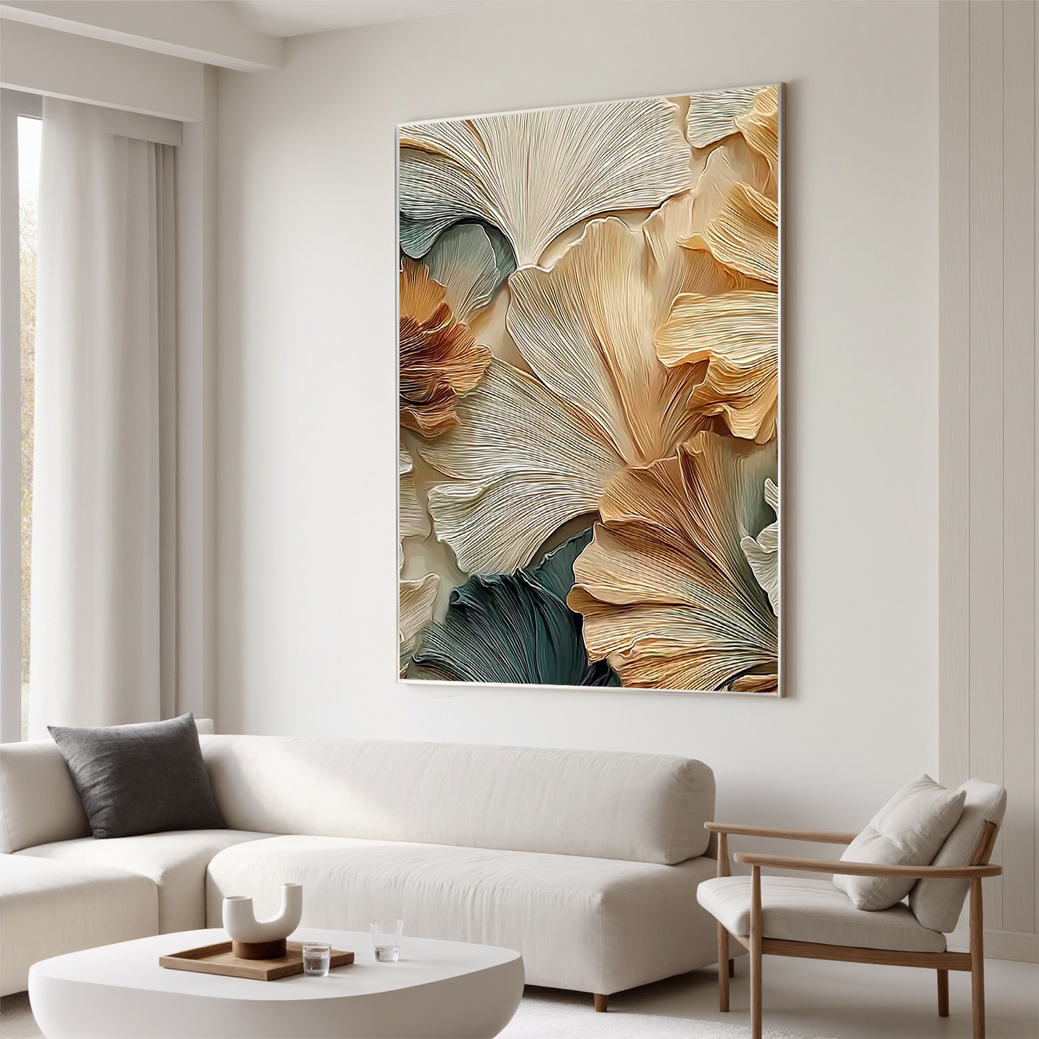 Textured Botanical Oil Painting, Abstract Golden Leaf Wall Art for Living Room Decor#OA 0544