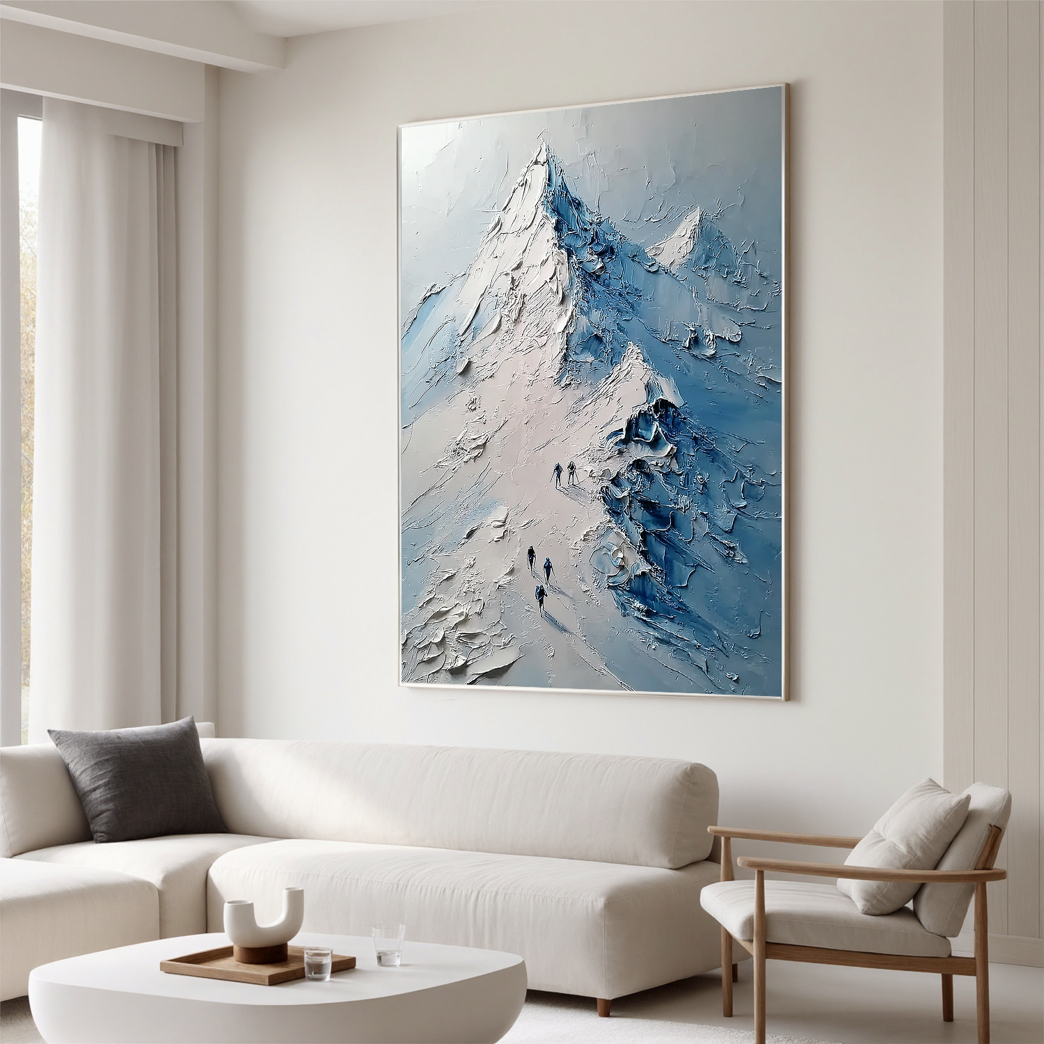 Textured Snow Mountain Oil Painting, Blue and White Alpine Landscape Wall Art for Living Room Decor#OA 0541