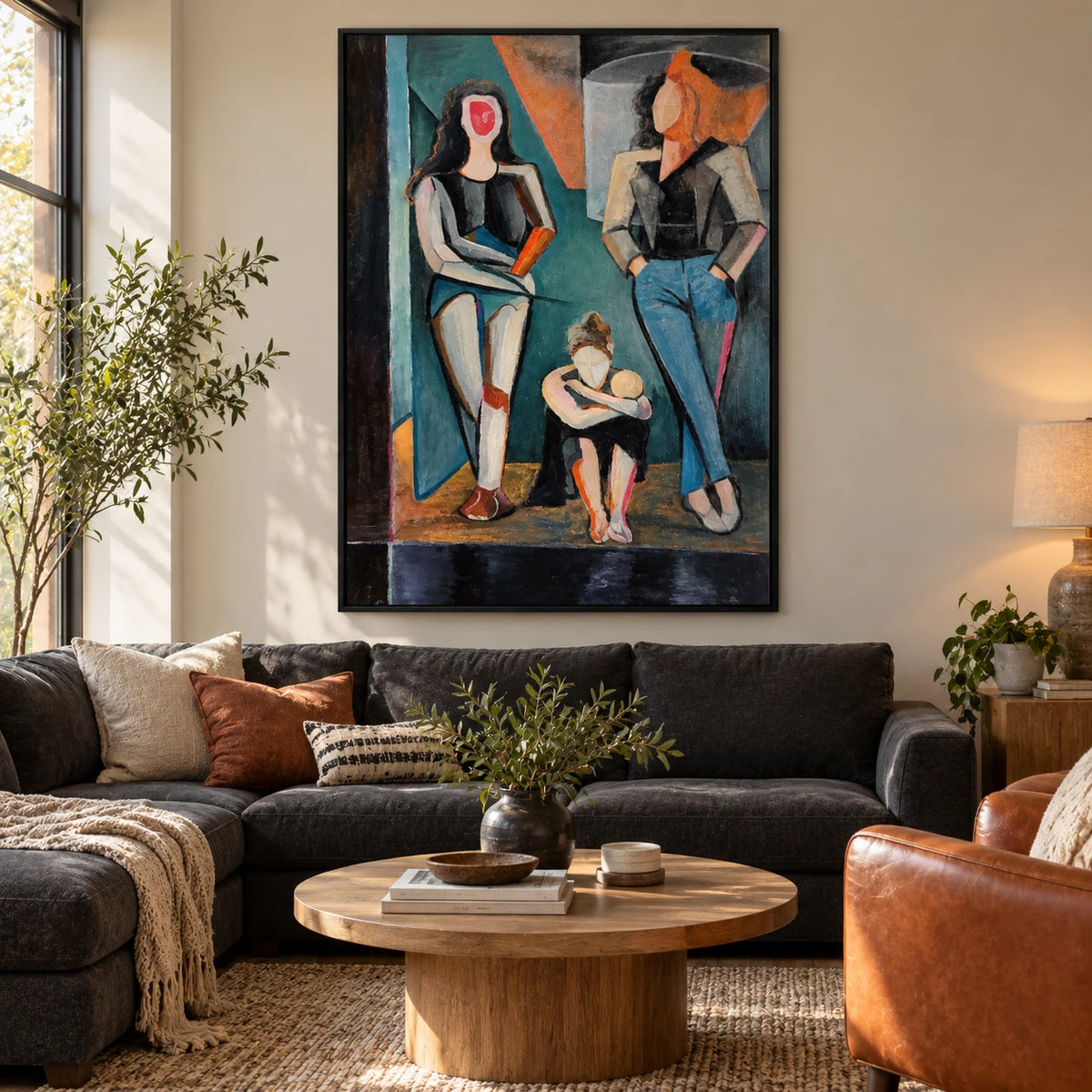 Abstract Three Women Oil Painting | Teal Rust and Charcoal Geometric Fashion Figures Vertical Wall Art #OA 1685