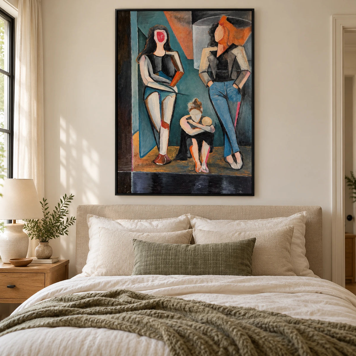 Abstract Three Women Oil Painting | Teal Rust and Charcoal Geometric Fashion Figures Vertical Wall Art #OA 1685