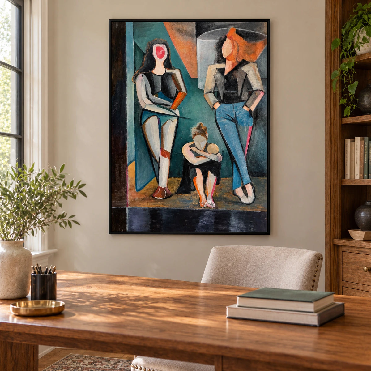 Abstract Three Women Oil Painting | Teal Rust and Charcoal Geometric Fashion Figures Vertical Wall Art #OA 1685