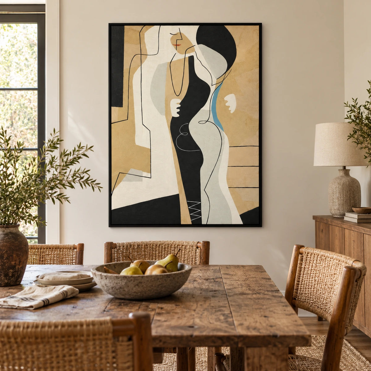Abstract Woman Portrait Oil Painting | Black Cream Ochre Shapes Blue Accent and Fine Lines Vertical Wall Art OA 1748