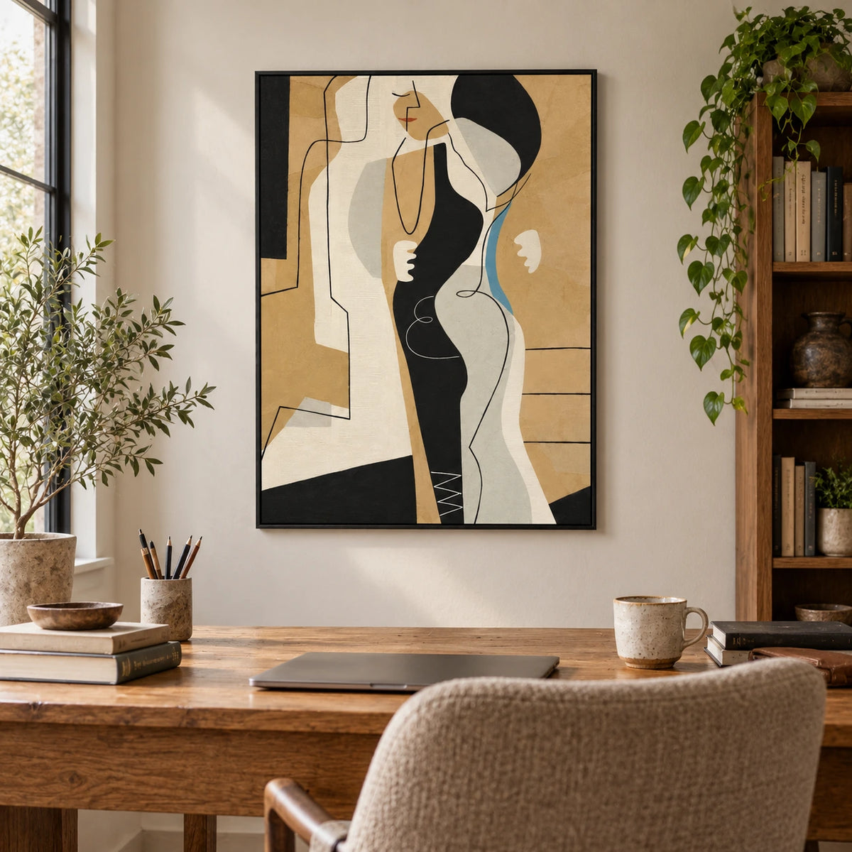 Abstract Woman Portrait Oil Painting | Black Cream Ochre Shapes Blue Accent and Fine Lines Vertical Wall Art OA 1748