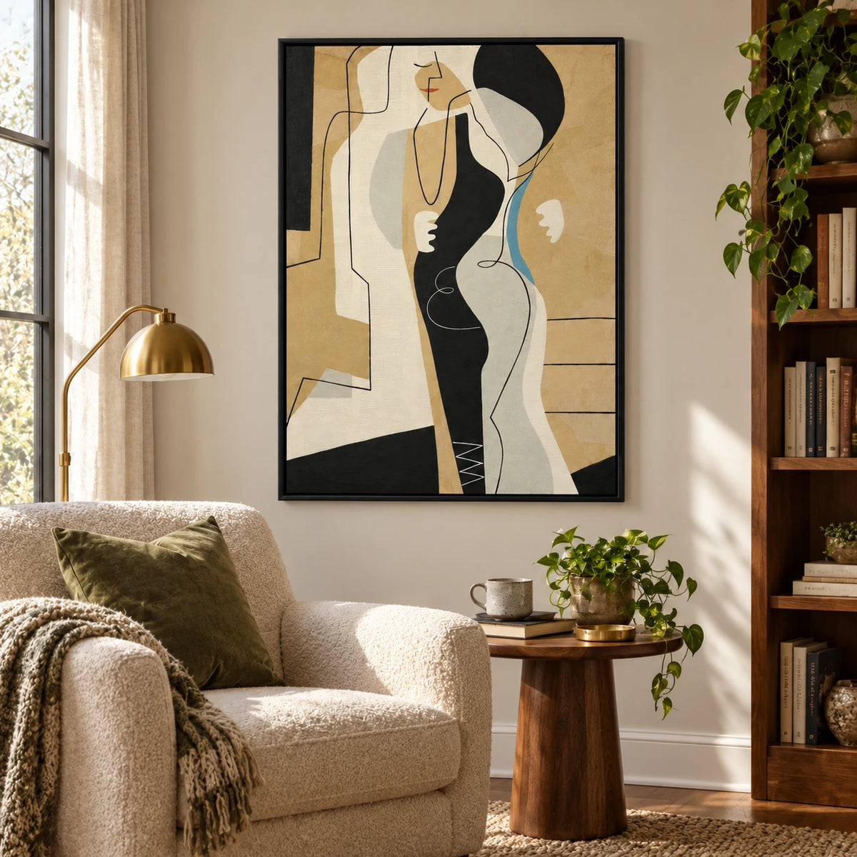 Abstract Woman Portrait Oil Painting | Black Cream Ochre Shapes Blue Accent and Fine Lines Vertical Wall Art OA 1748