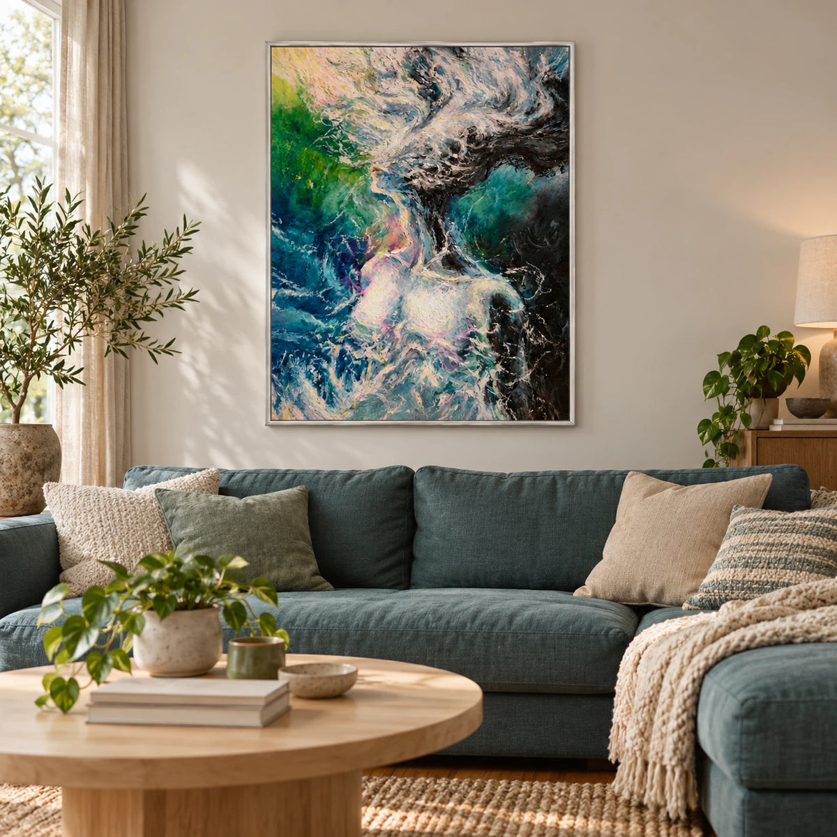 Abstract Woman in Swirling Water Oil Painting | Blue Green Pink and White Expressive Vertical Figurative Wall Art OA 1774