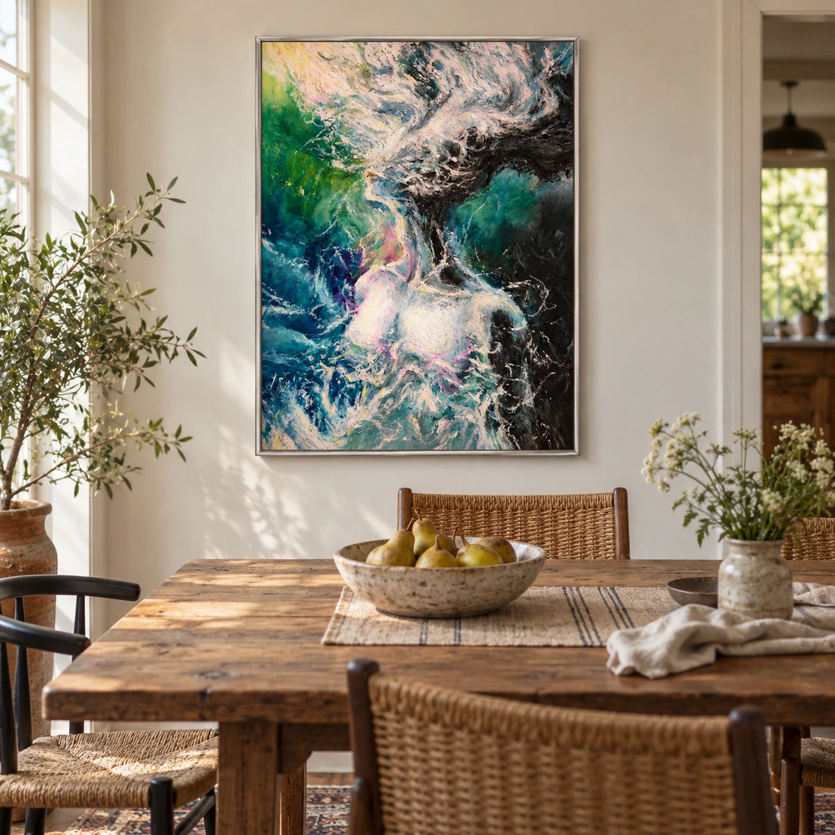 Abstract Woman in Swirling Water Oil Painting | Blue Green Pink and White Expressive Vertical Figurative Wall Art OA 1774