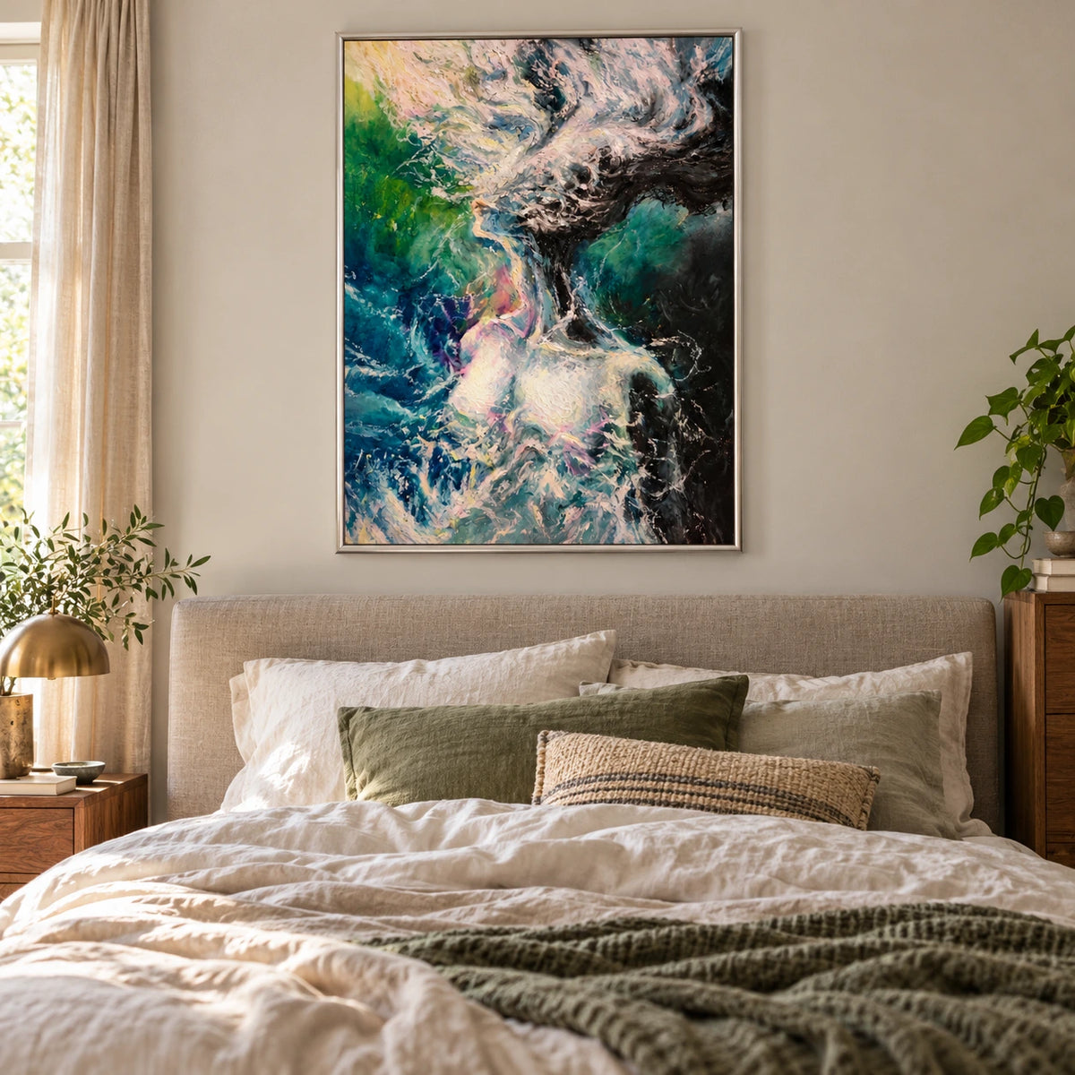 Abstract Woman in Swirling Water Oil Painting | Blue Green Pink and White Expressive Vertical Figurative Wall Art OA 1774