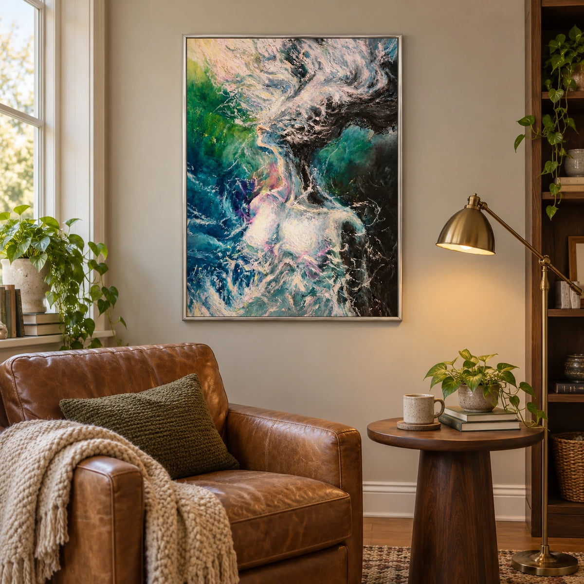 Abstract Woman in Swirling Water Oil Painting | Blue Green Pink and White Expressive Vertical Figurative Wall Art OA 1774