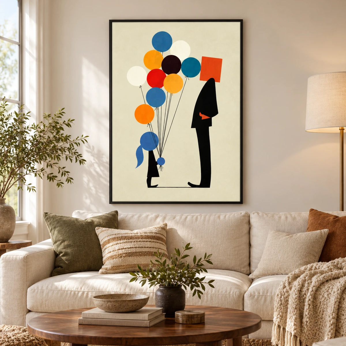 Adult and Child with Colorful Balloons Oil Painting | Black Geometric Figures on Cream Minimalist Vertical Wall Art OA 1735