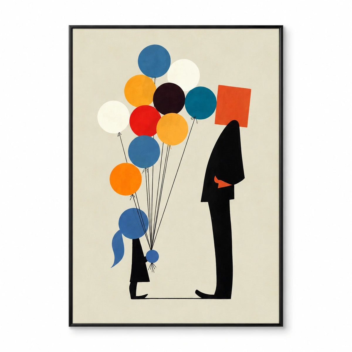 Adult and Child with Colorful Balloons Oil Painting | Black Geometric Figures on Cream Minimalist Vertical Wall Art OA 1735