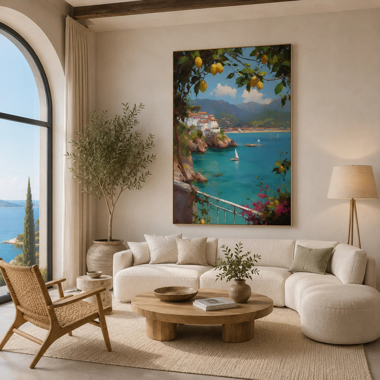 Amalfi Coast-Inspired Lemon Tree and Blue Bay Landscape Oil Painting – Vertical Mediterranean Sailboat Wall Art | Ownanart # OA 1213