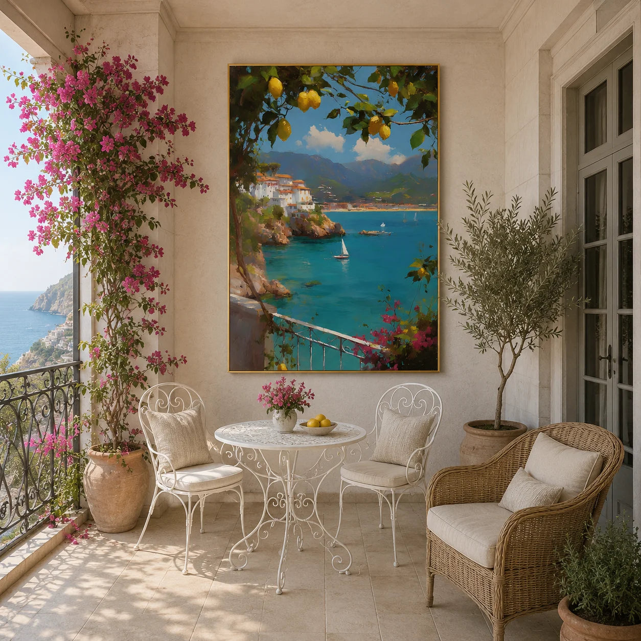 Amalfi Coast-Inspired Lemon Tree and Blue Bay Landscape Oil Painting – Vertical Mediterranean Sailboat Wall Art | Ownanart # OA 1213