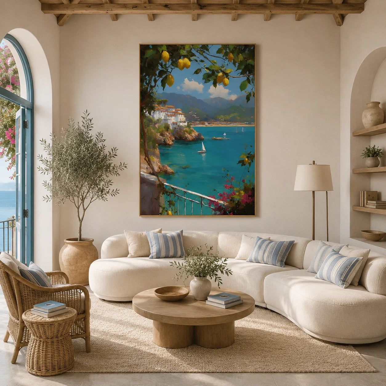 Amalfi Coast-Inspired Lemon Tree and Blue Bay Landscape Oil Painting – Vertical Mediterranean Sailboat Wall Art | Ownanart # OA 1213