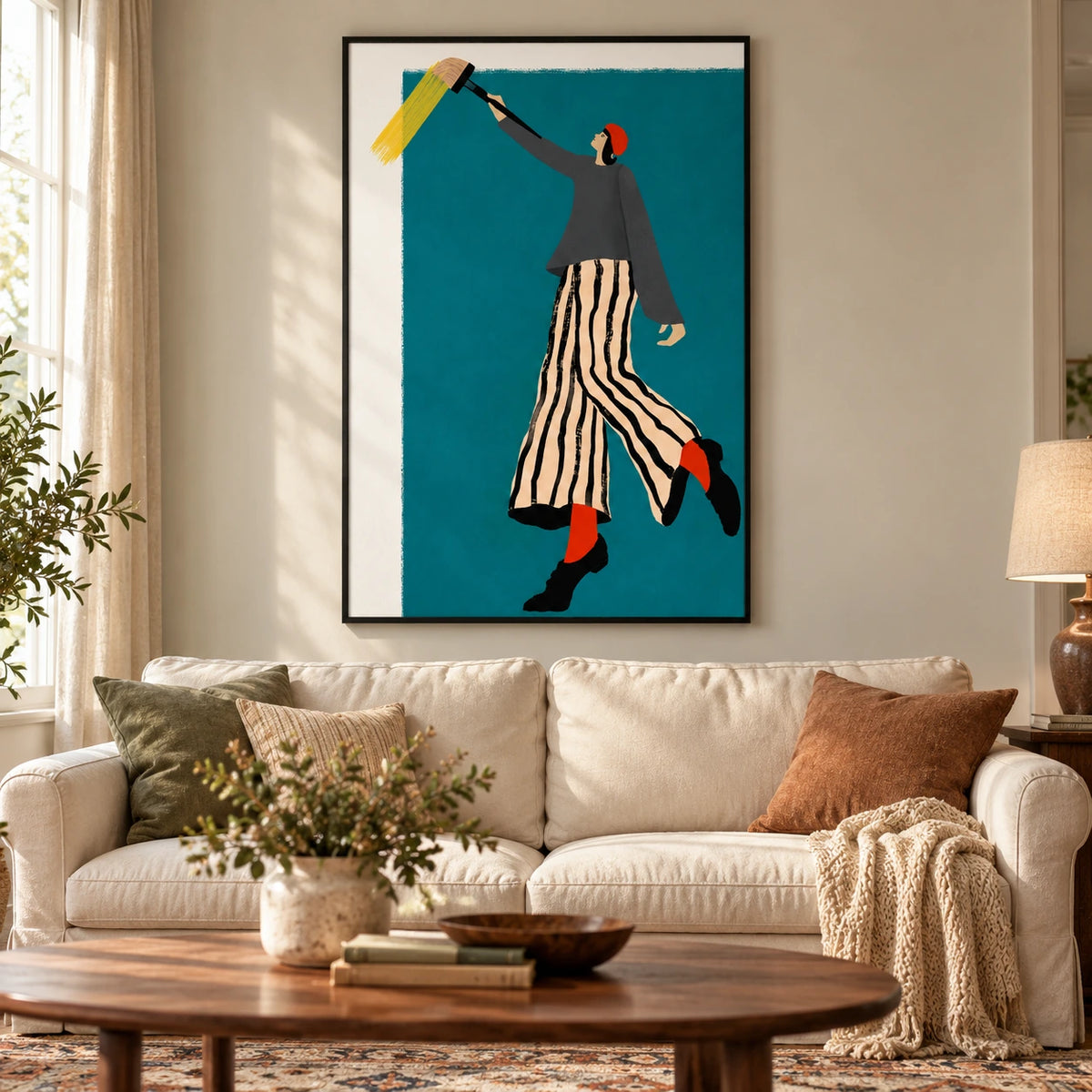Artist with Giant Paintbrush Oil Painting | Teal Whimsical Figurative Wall Art #OA 1603