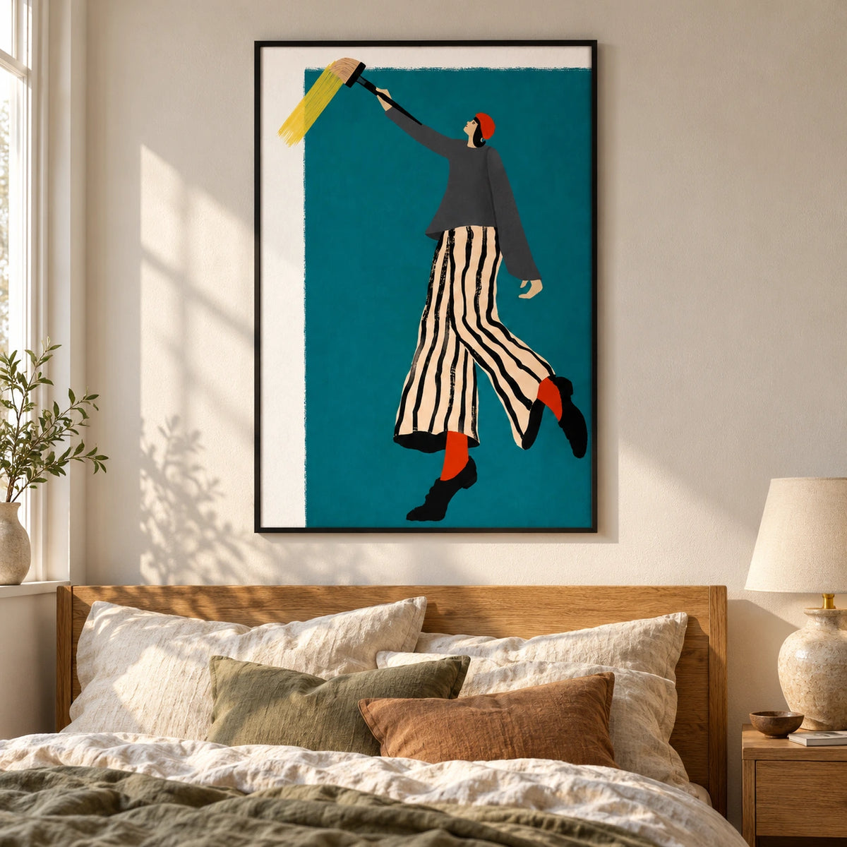 Artist with Giant Paintbrush Oil Painting | Teal Whimsical Figurative Wall Art #OA 1603