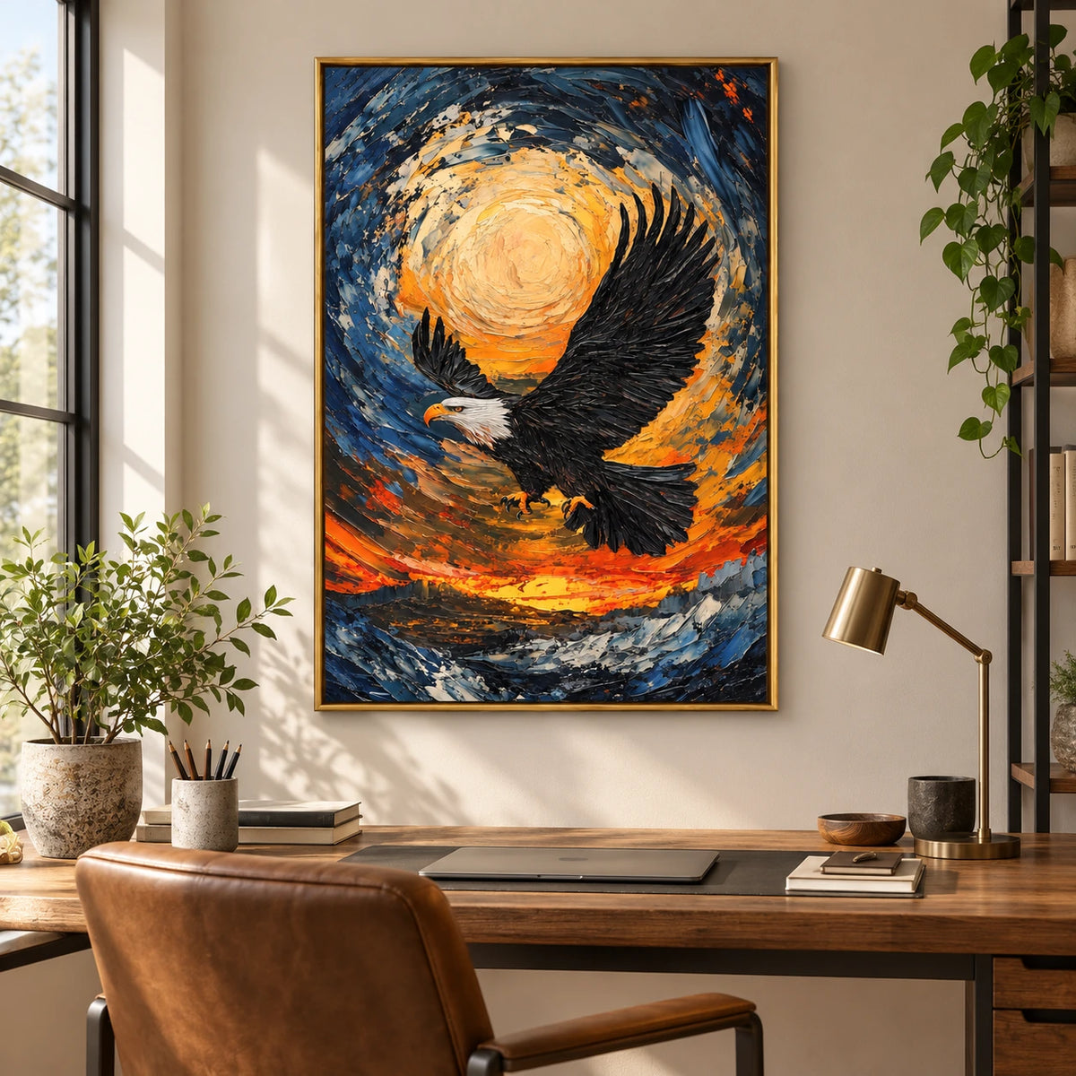 Bald Eagle in Flight Oil Painting | Swirling Blue and Gold Sky Orange Sunset Textured Vertical Wildlife Wall Art #OA 1725