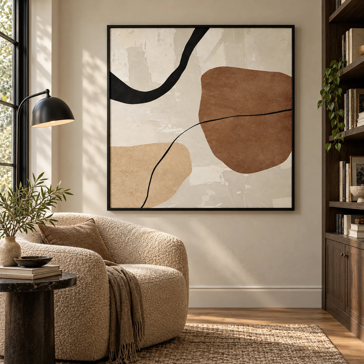 Beige Brown and Black Organic Abstract Oil Painting | Minimalist Curved Line Square Wall Art #OA 1624