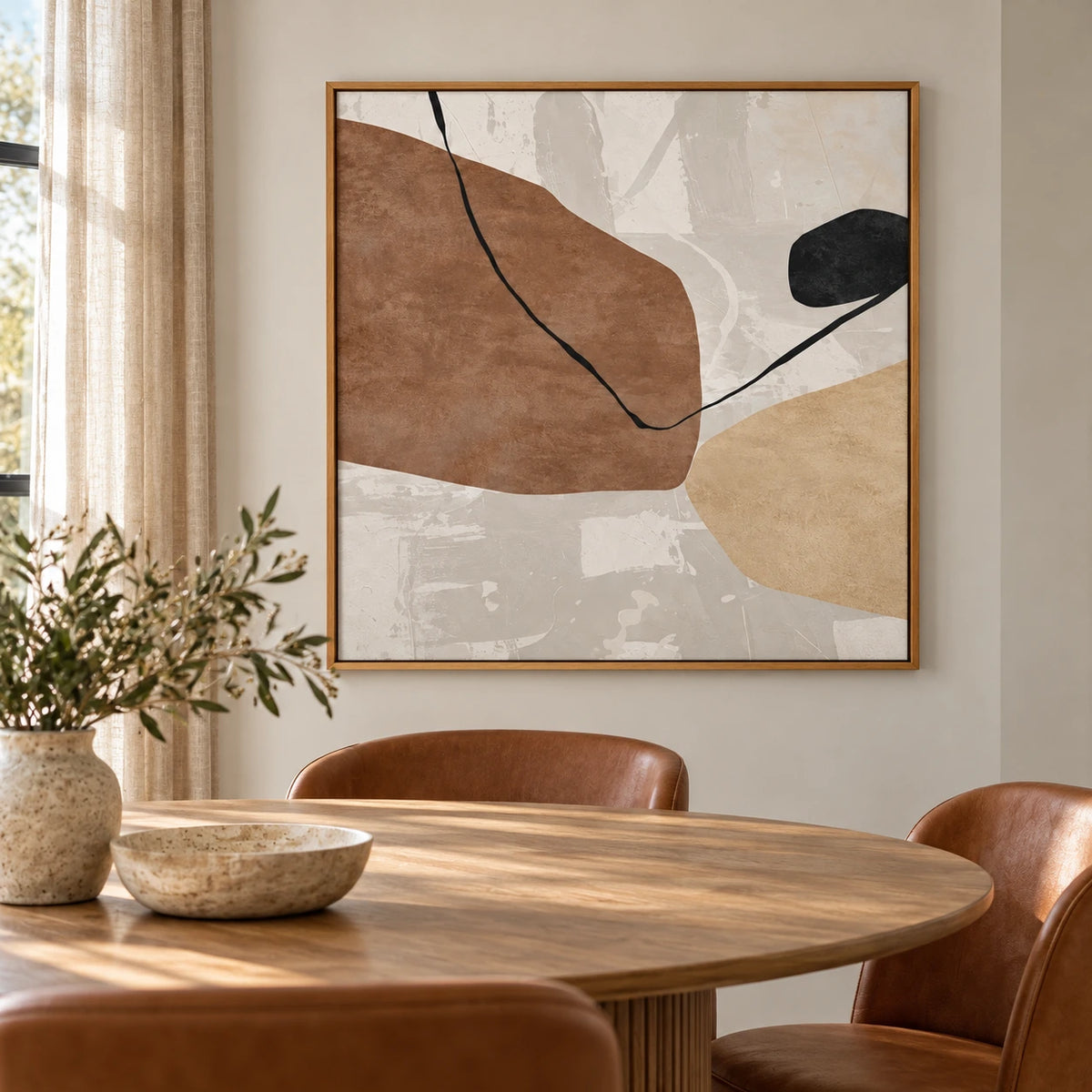 Beige Brown and Black Organic Abstract Oil Painting | Neutral Minimalist Geometric Square Wall Art #OA 1635