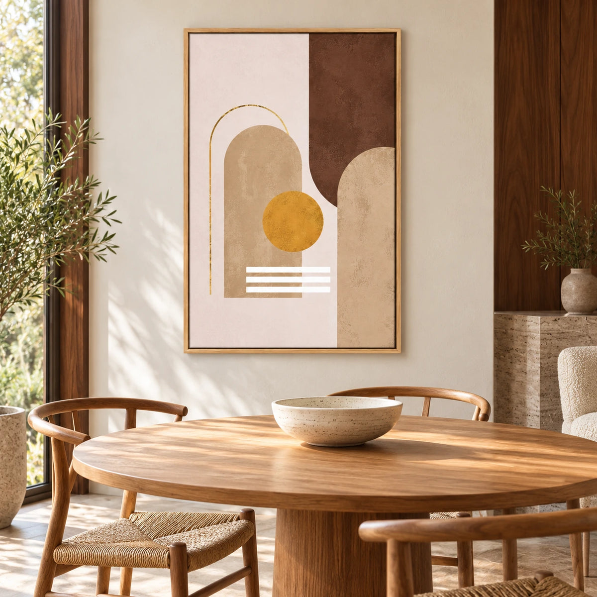 Beige Brown and Ochre Geometric Abstract Oil Painting | Arches Gold Circle and White Lines Vertical Wall Art #OA 1660