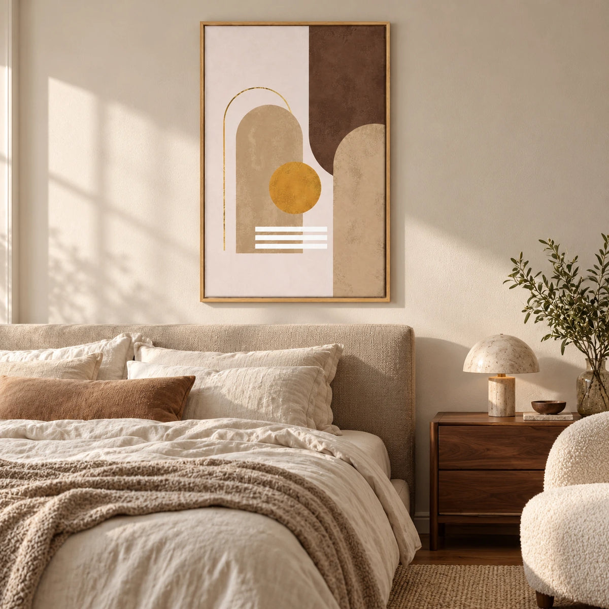 Beige Brown and Ochre Geometric Abstract Oil Painting | Arches Gold Circle and White Lines Vertical Wall Art #OA 1660