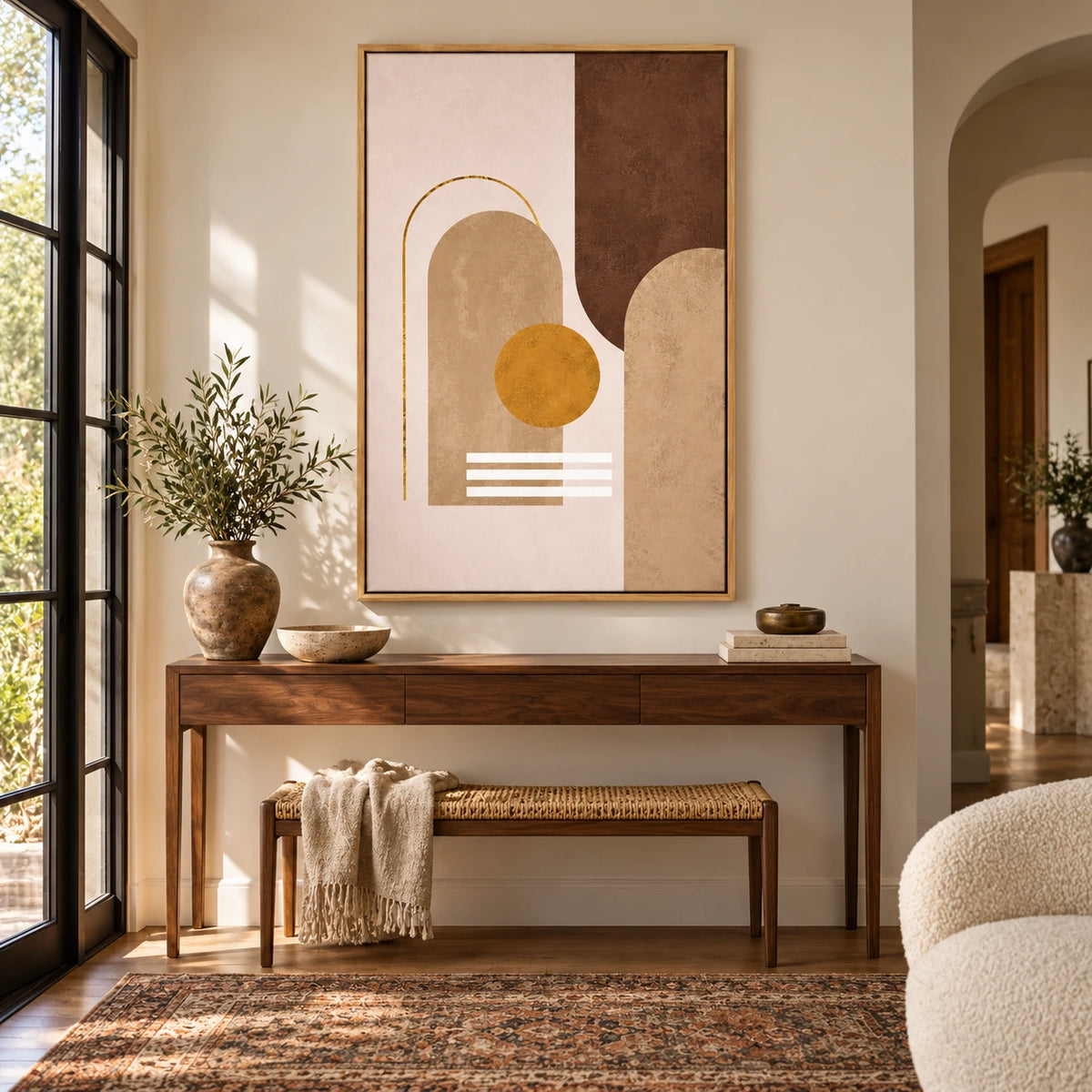 Beige Brown and Ochre Geometric Abstract Oil Painting | Arches Gold Circle and White Lines Vertical Wall Art #OA 1660