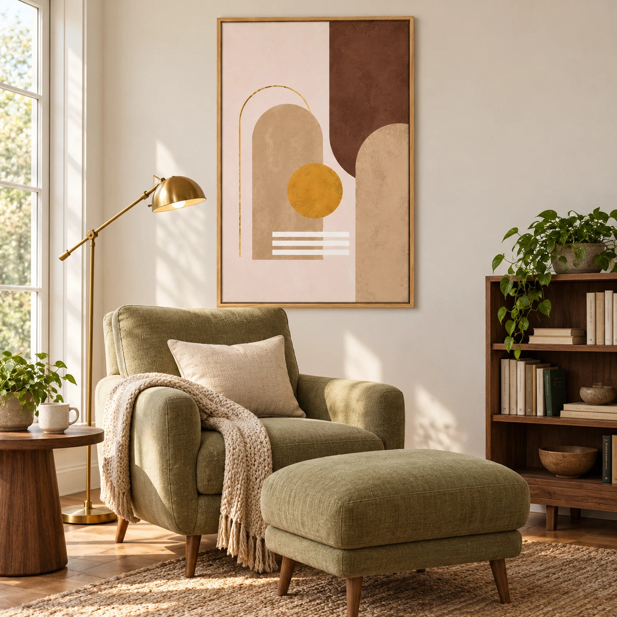Beige Brown and Ochre Geometric Abstract Oil Painting | Arches Gold Circle and White Lines Vertical Wall Art #OA 1660