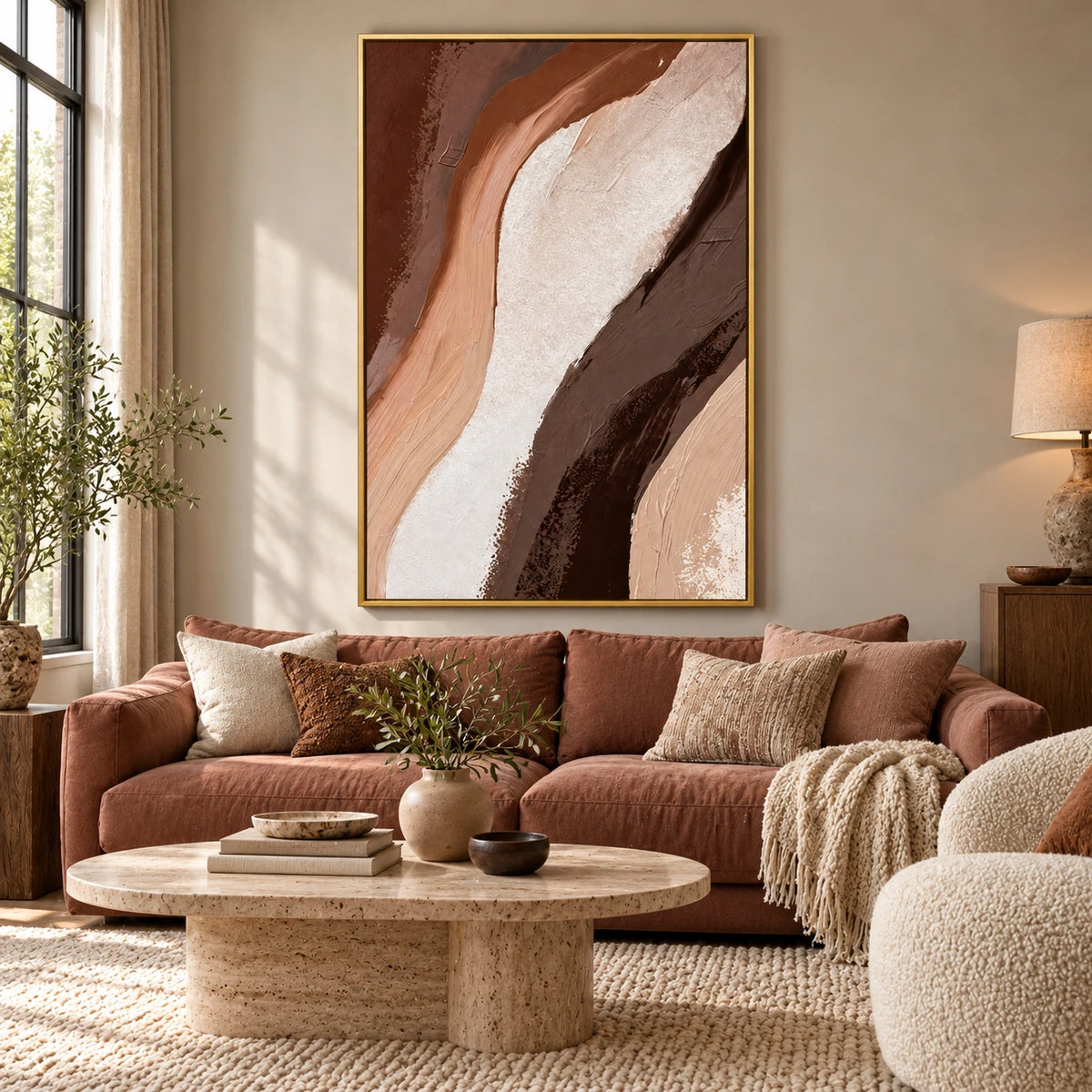 Beige Brown and Terracotta Abstract Oil Painting | Flowing Earth Tone Curves Textured Vertical Wall Art OA 1670