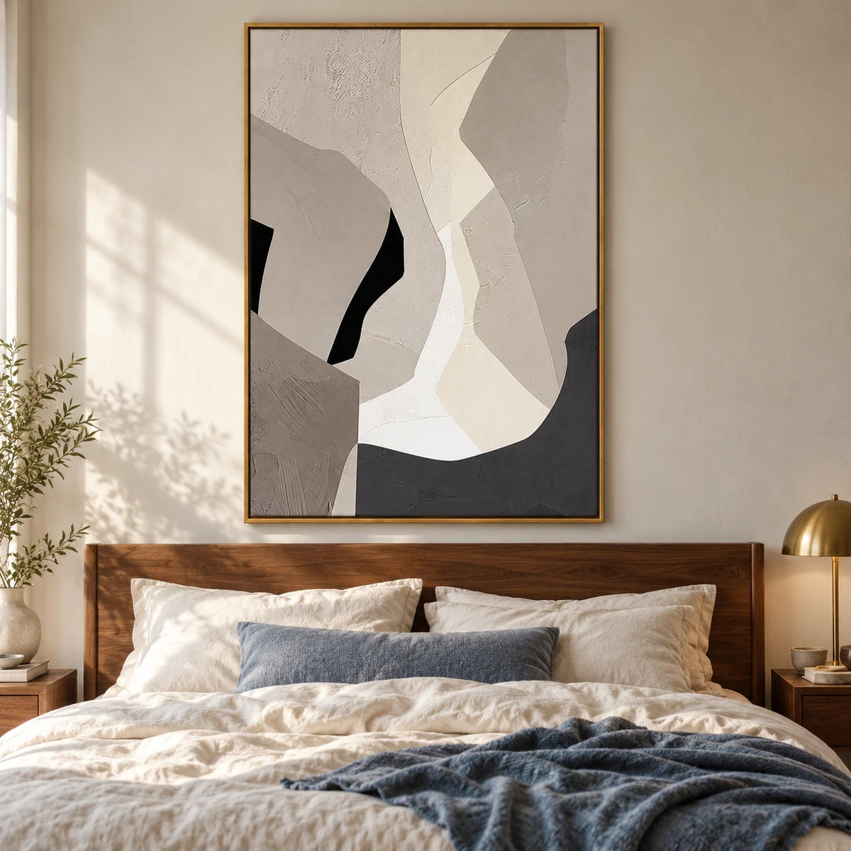 Beige Grey and White Abstract Oil Painting | Angular Curved Shapes Vertical Minimalist Neutral Canvas Wall Art #OA 1828