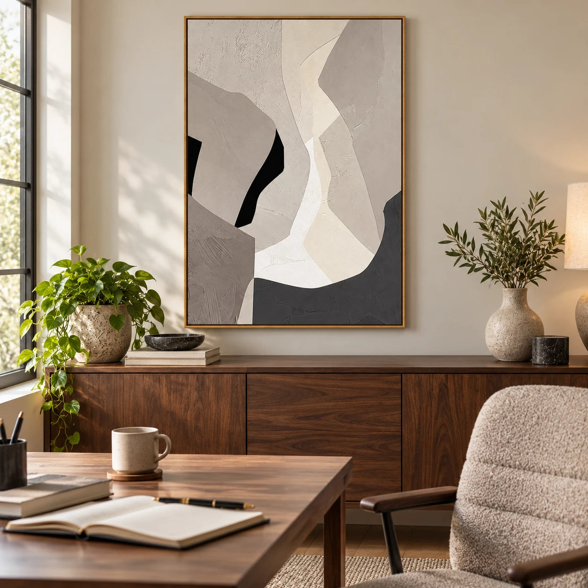 Beige Grey and White Abstract Oil Painting | Angular Curved Shapes Vertical Minimalist Neutral Canvas Wall Art #OA 1828