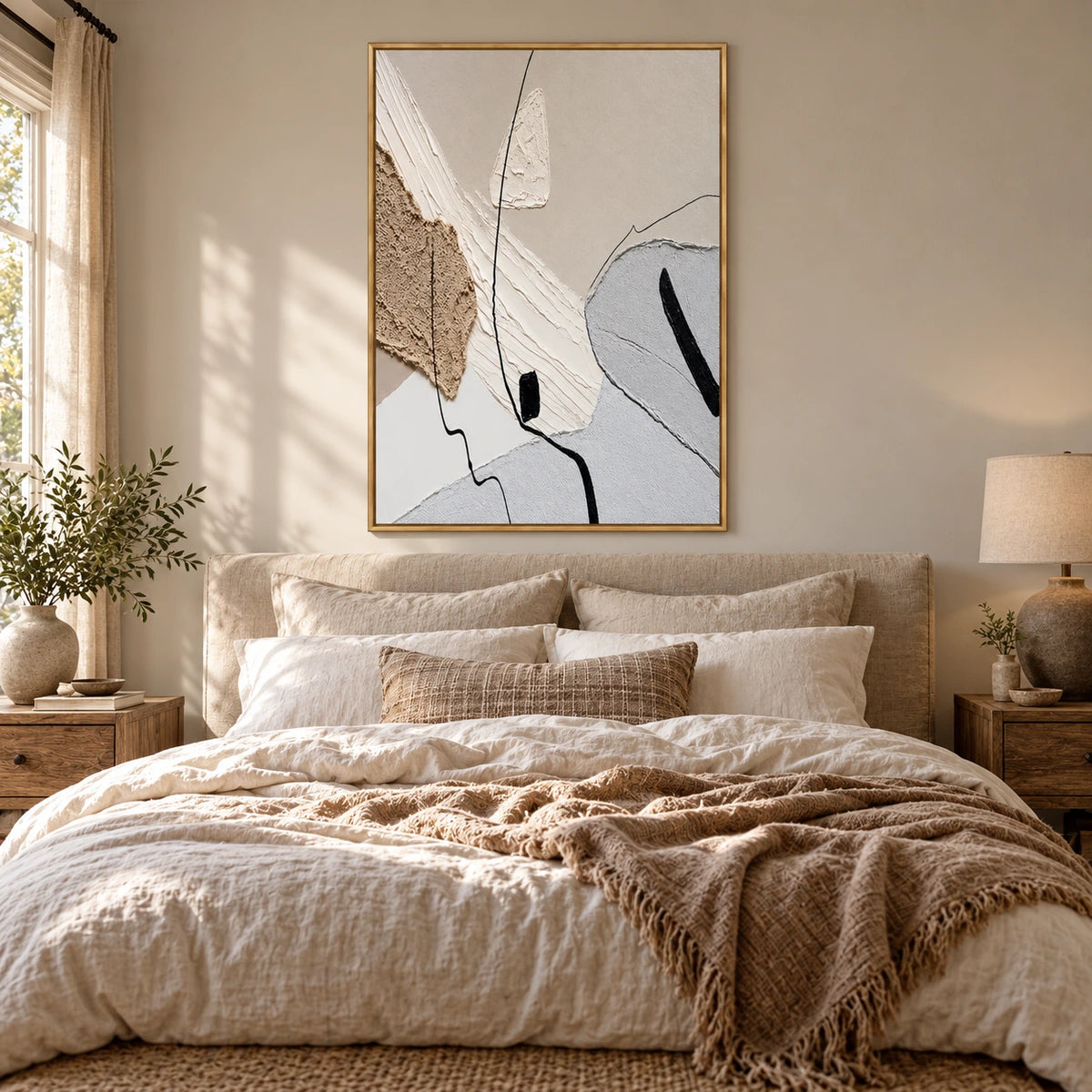 Beige White and Grey Abstract Oil Painting | Raised Organic Shapes Fine Black Lines Vertical Neutral Wall Art OA 1788