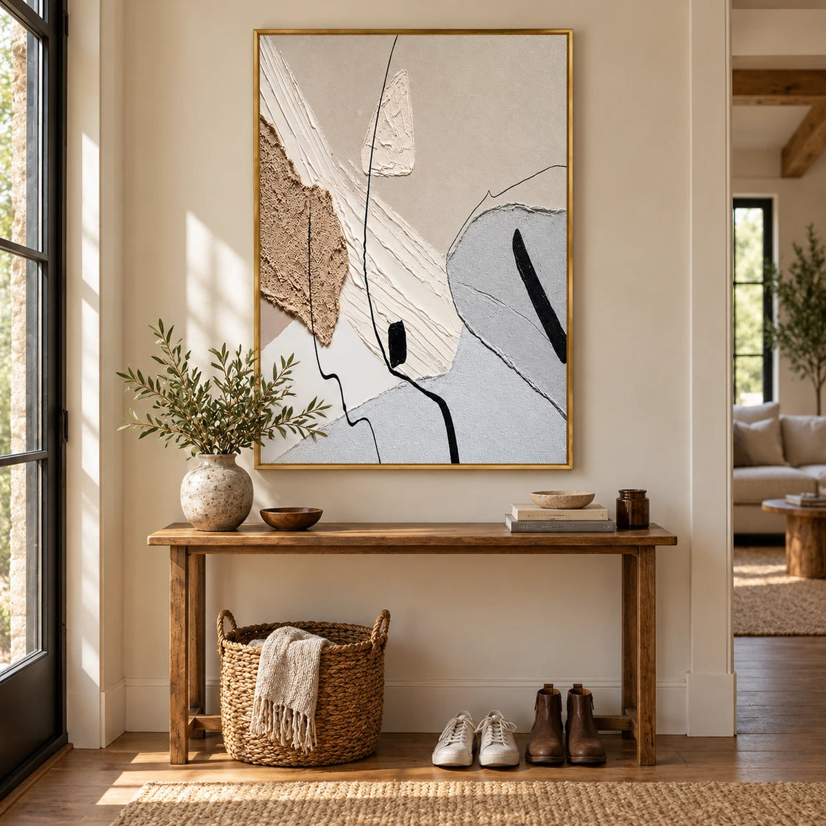 Beige White and Grey Abstract Oil Painting | Raised Organic Shapes Fine Black Lines Vertical Neutral Wall Art OA 1788