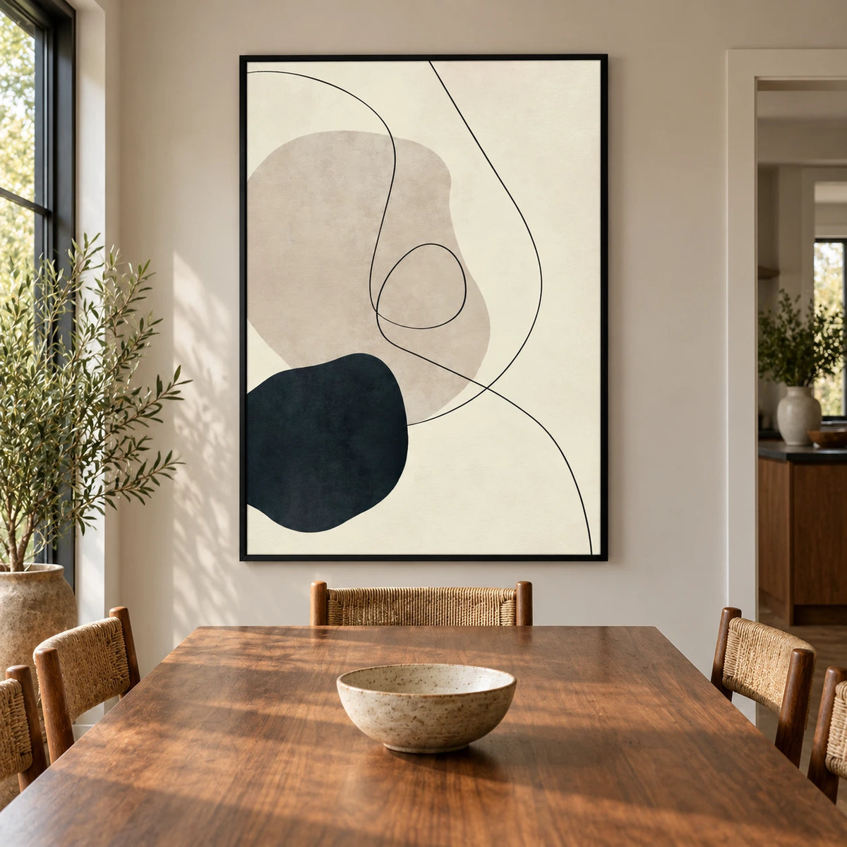 Beige and Black Organic Line Art Oil Painting | Minimalist Looping Curves Neutral Vertical Wall Art #OA 1692