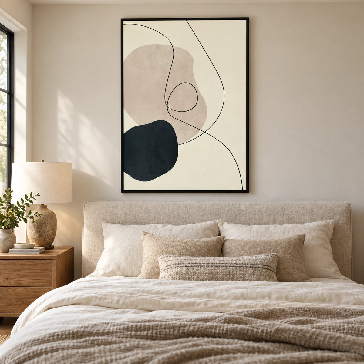 Beige and Black Organic Line Art Oil Painting | Minimalist Looping Curves Neutral Vertical Wall Art #OA 1692
