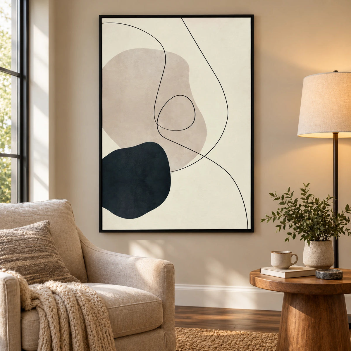 Beige and Black Organic Line Art Oil Painting | Minimalist Looping Curves Neutral Vertical Wall Art #OA 1692