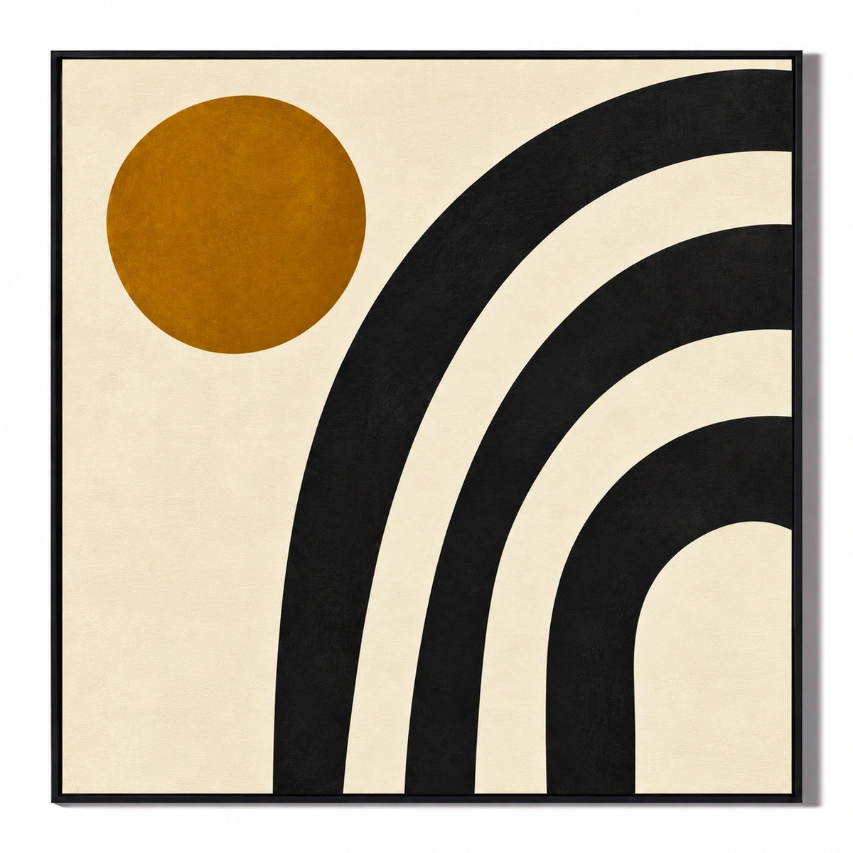 Black Arches and Ochre Sun Oil Painting | Cream Background Minimalist Geometric Square Abstract Wall Art #OA 1734