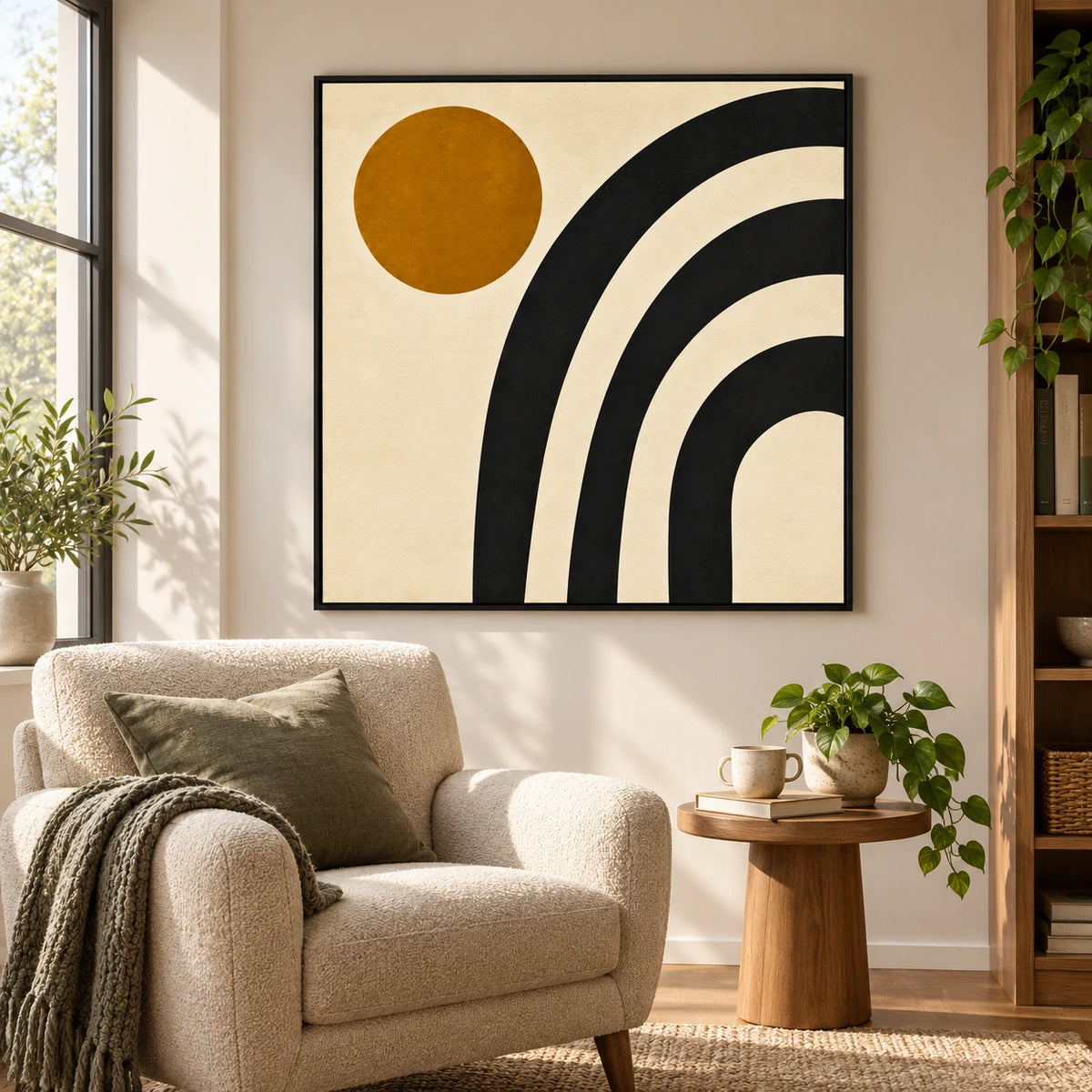 Black Arches and Ochre Sun Oil Painting | Cream Background Minimalist Geometric Square Abstract Wall Art #OA 1734