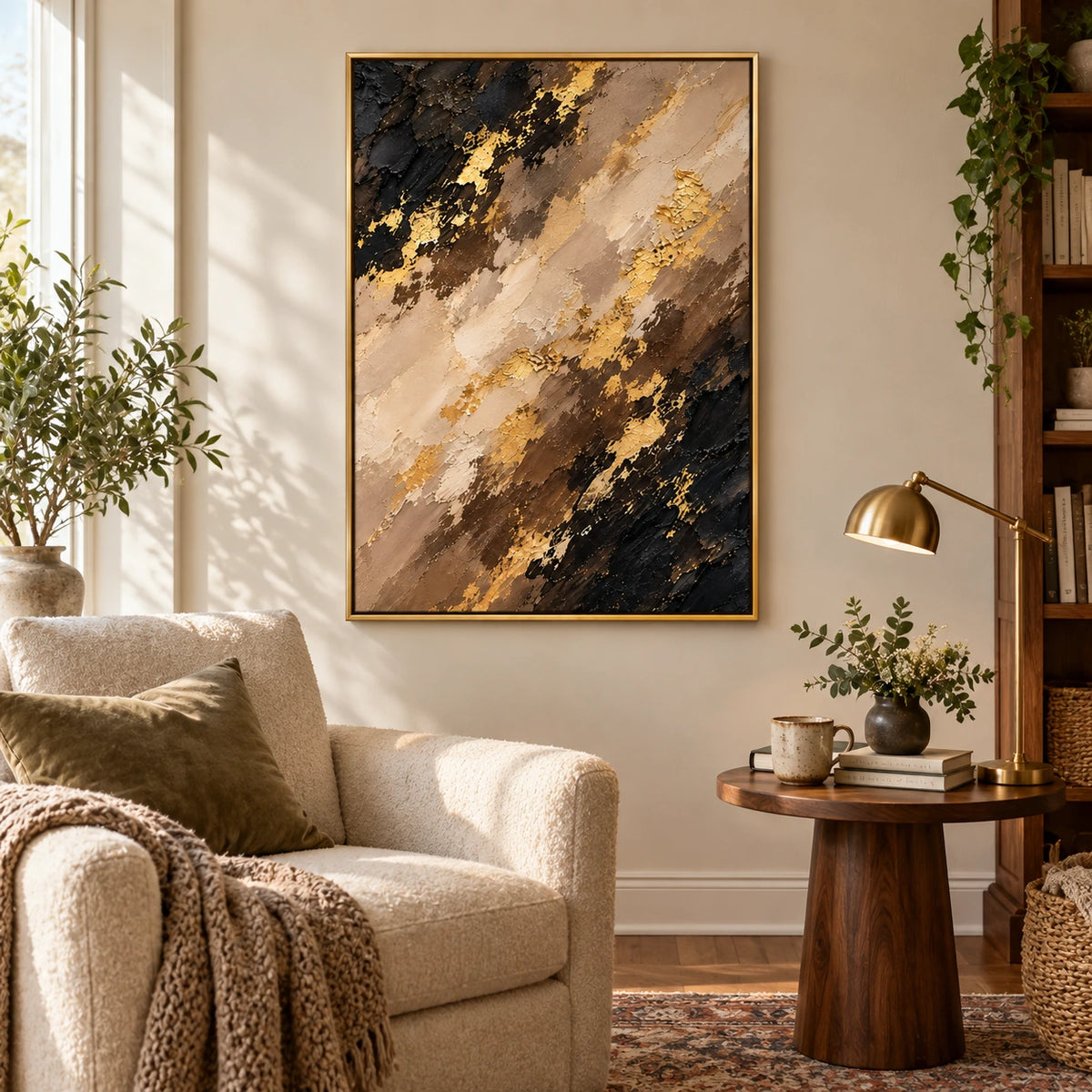 Black Brown Beige and Gold Oil Painting | Diagonal Layers Textured Vertical Earth Tone Abstract Wall Art OA 1771