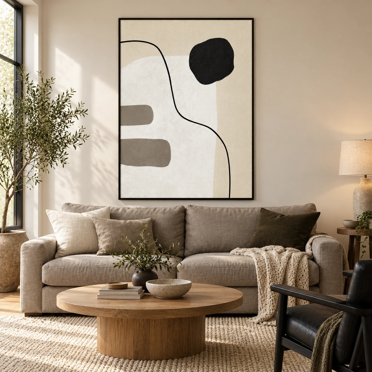 Black Circle and Curved Line Oil Painting | Beige White and Grey Minimalist Abstract Vertical Wall Art #OA 1694