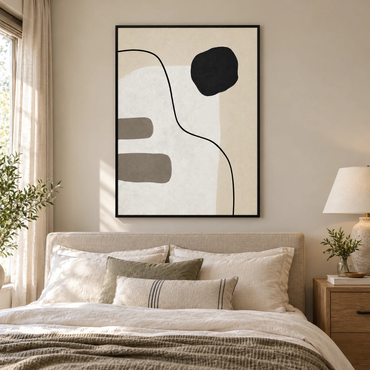 Black Circle and Curved Line Oil Painting | Beige White and Grey Minimalist Abstract Vertical Wall Art #OA 1694