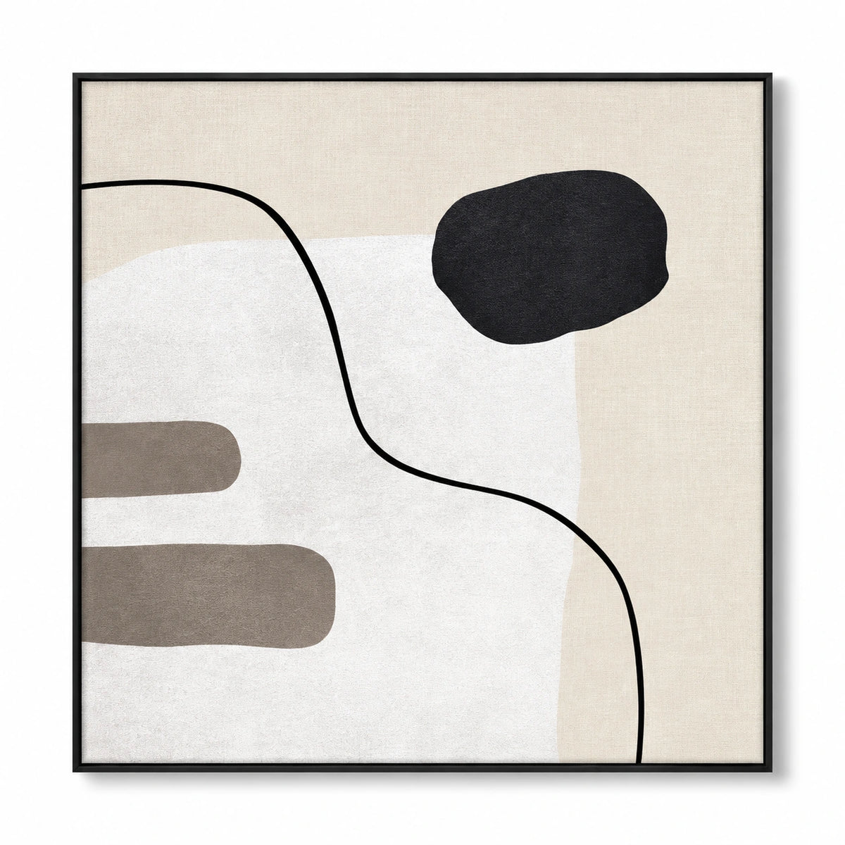 Black Curve and Rounded Shapes Oil Painting | Cream Beige and Taupe Minimalist Square Abstract Wall Art OA 1754