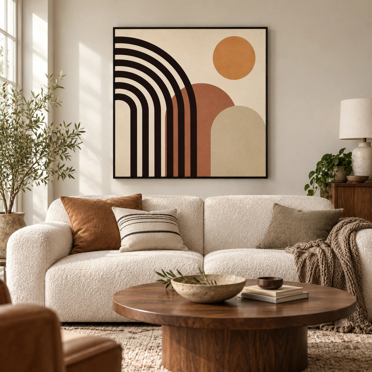 Black Rainbow Arches and Ochre Sun Oil Painting | Terracotta and Cream Mid Century Geometric Square Wall Art OA 1762