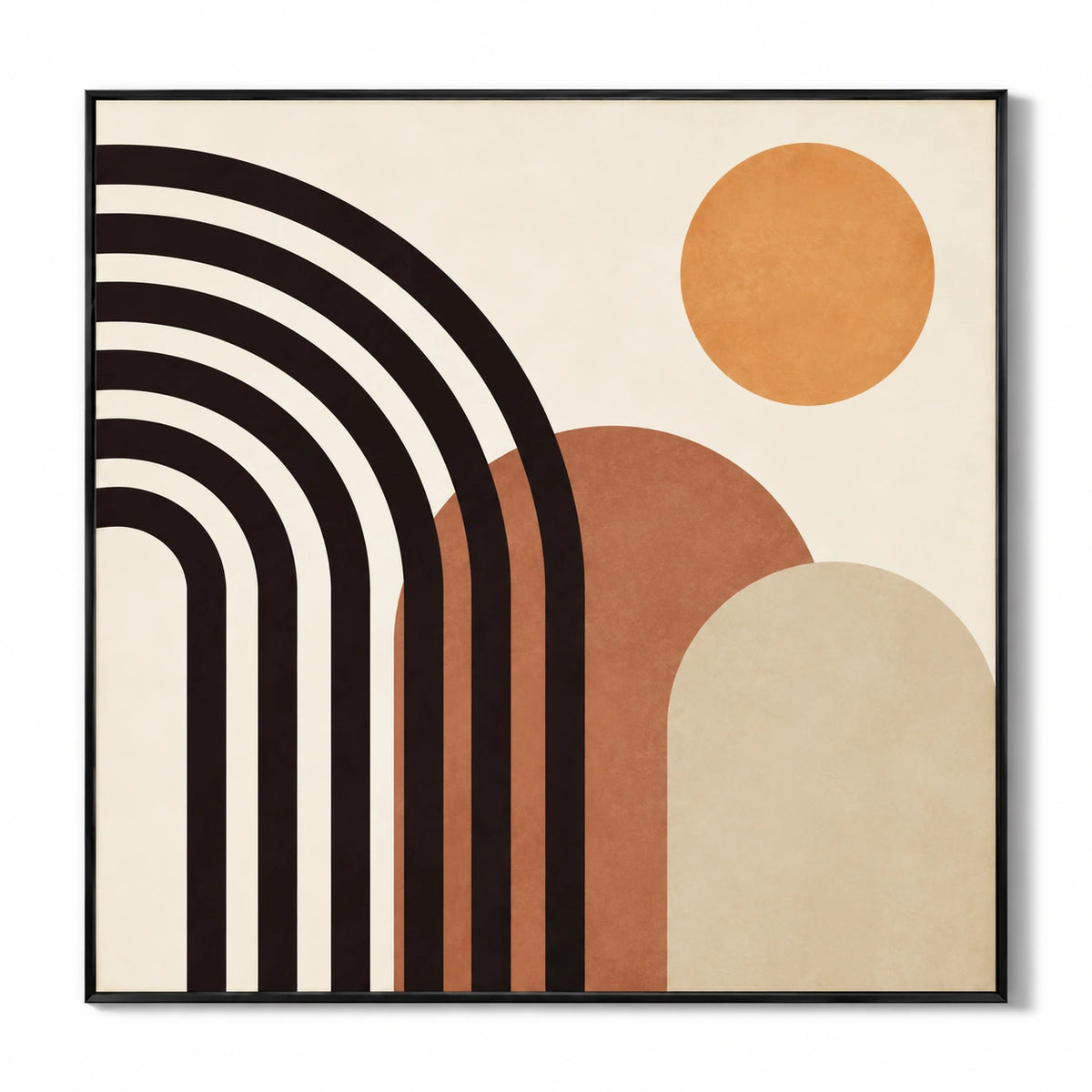 Black Rainbow Arches and Ochre Sun Oil Painting | Terracotta and Cream Mid Century Geometric Square Wall Art OA 1762