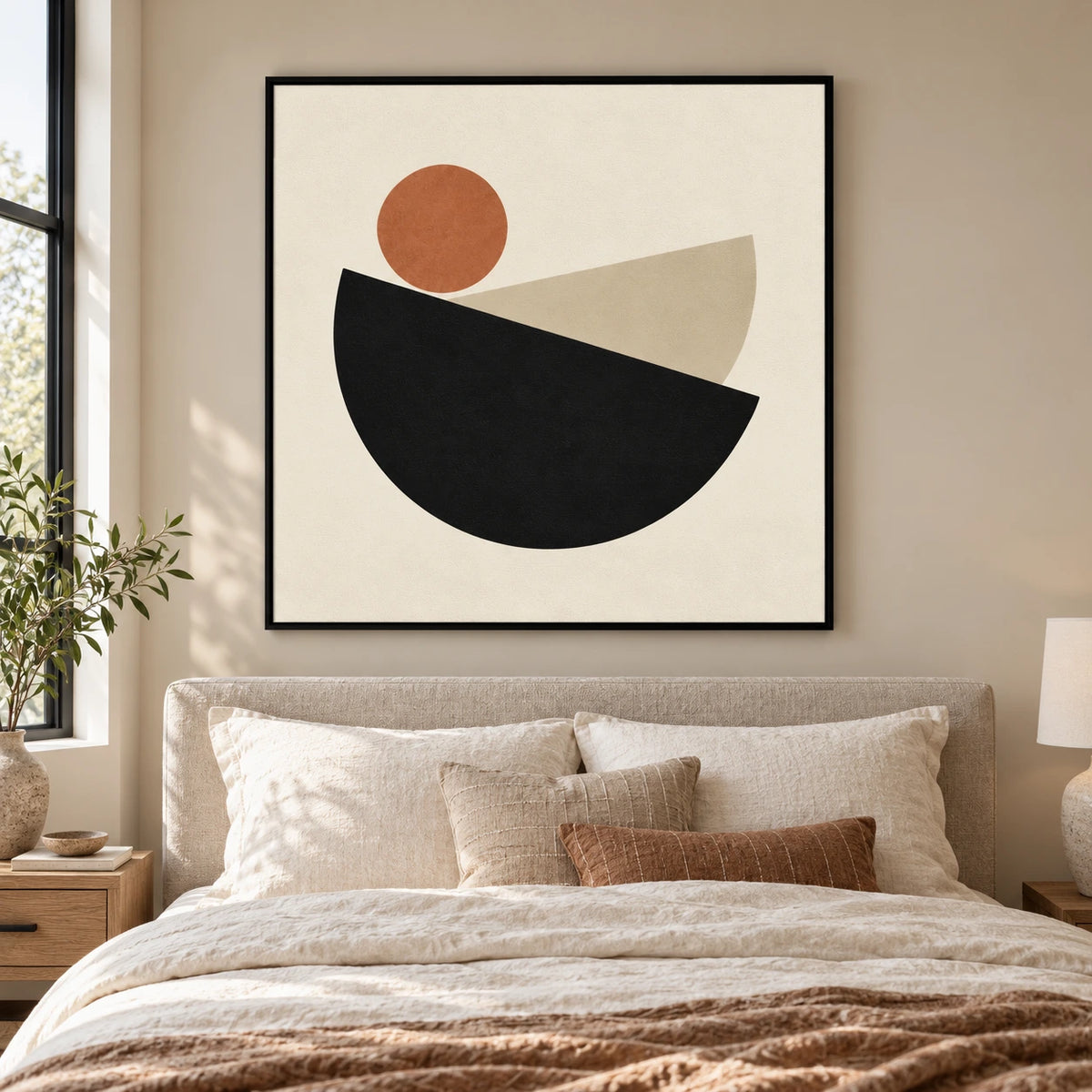 Black Semicircles and Terracotta Sun Oil Painting | Beige Minimalist Geometric Square Wall Art #OA 1691