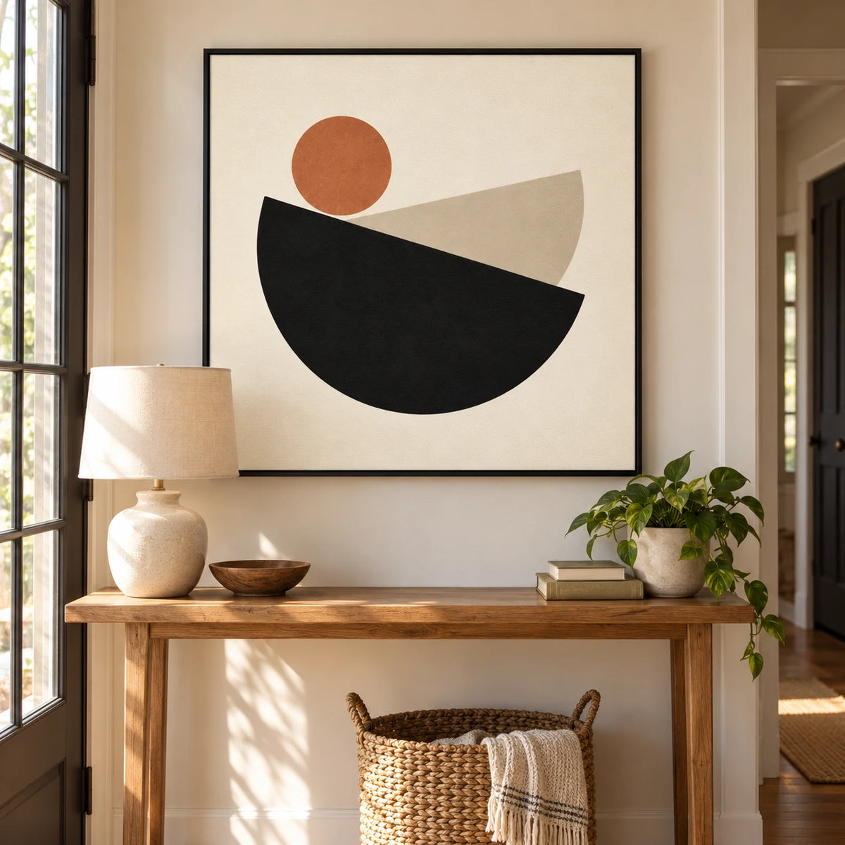 Black Semicircles and Terracotta Sun Oil Painting | Beige Minimalist Geometric Square Wall Art #OA 1691