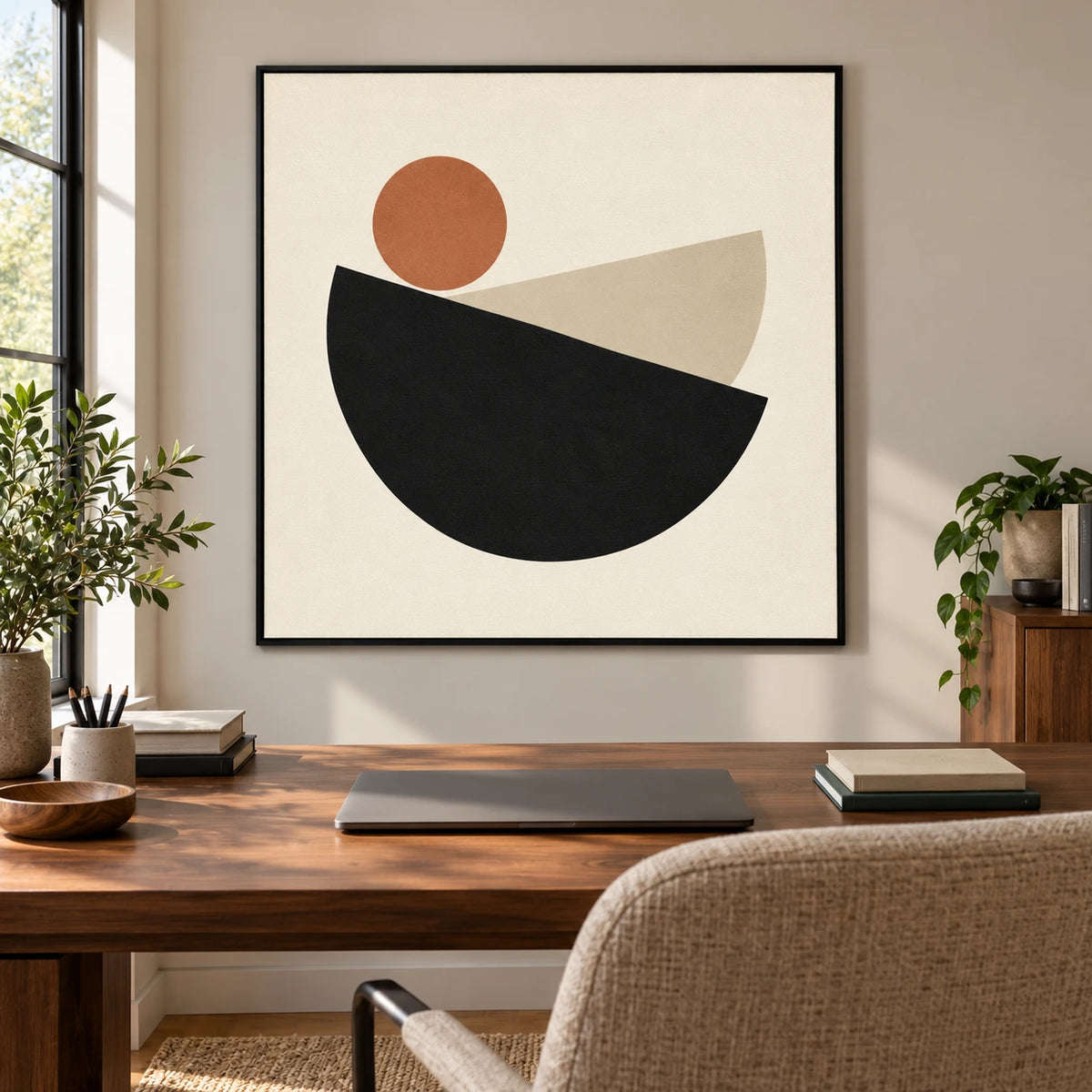 Black Semicircles and Terracotta Sun Oil Painting | Beige Minimalist Geometric Square Wall Art #OA 1691